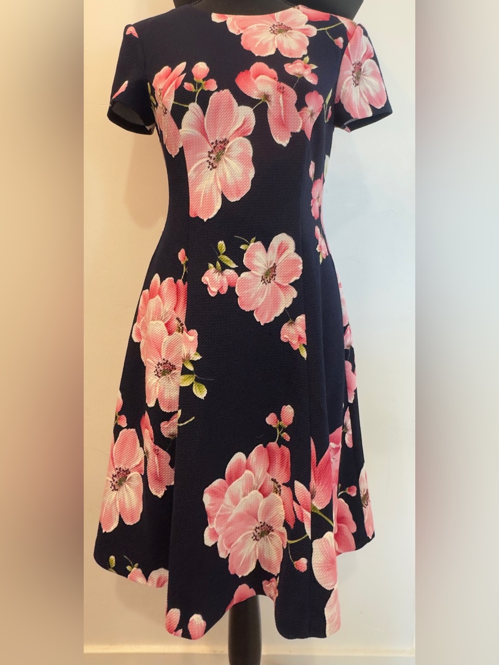 Eliza J Navy Fit-and-Flare Midi Dress with Pink Floral Print
